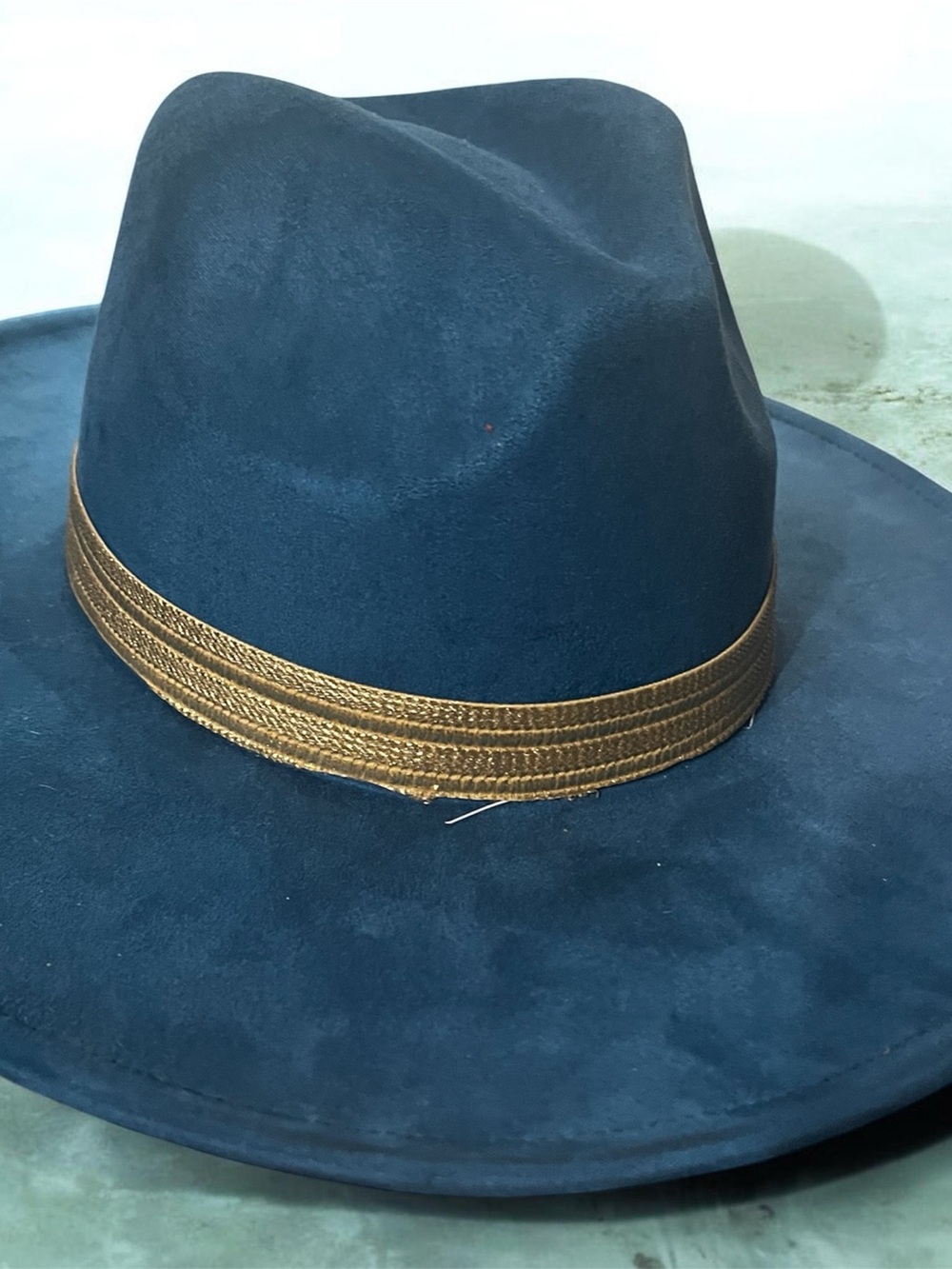 Wide Brim Navy Felt Fedora with Gold Band